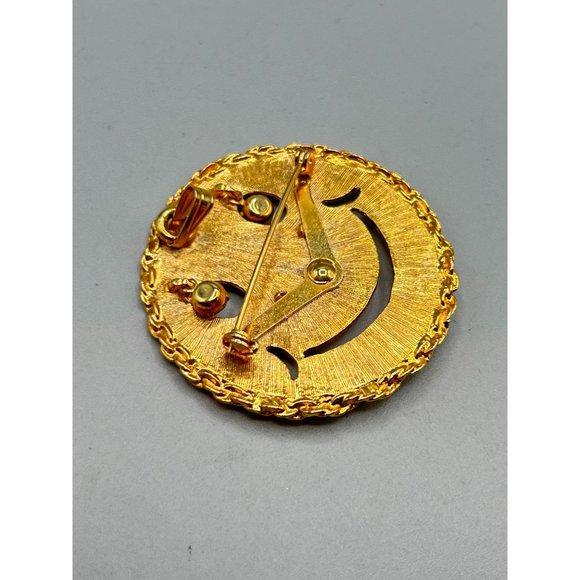 Vintage Smiley Face Pin Brooch and Pendant Gold Tone Metal with Rhinestones Eyes - Picture 4 of 6